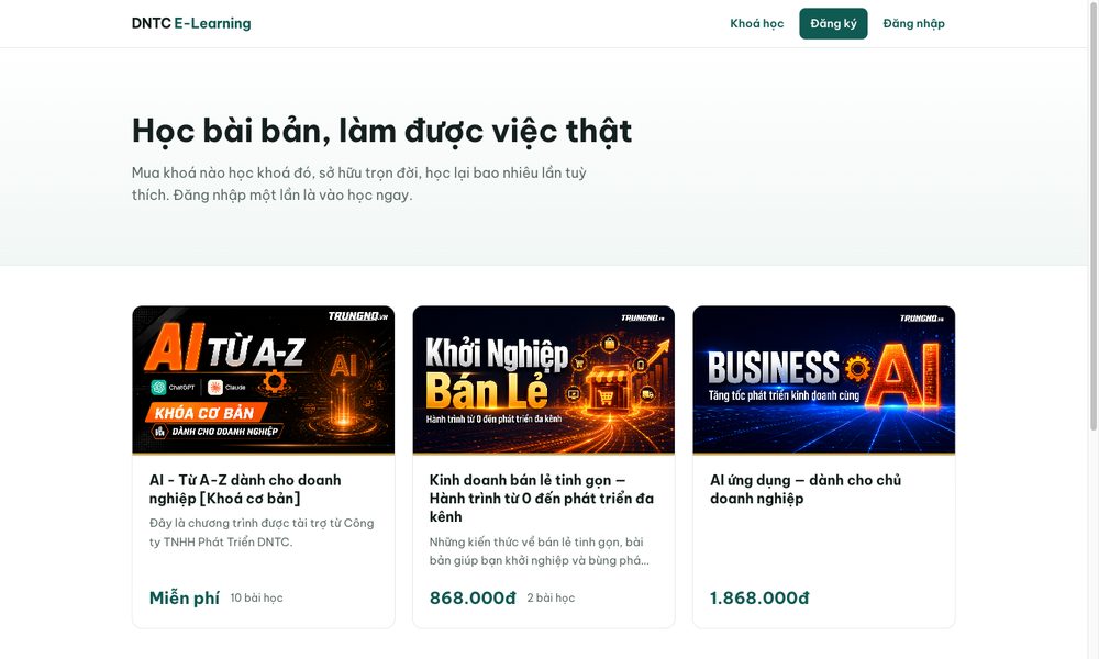 Web bán khoá học của công ty, có danh sách khoá và giá